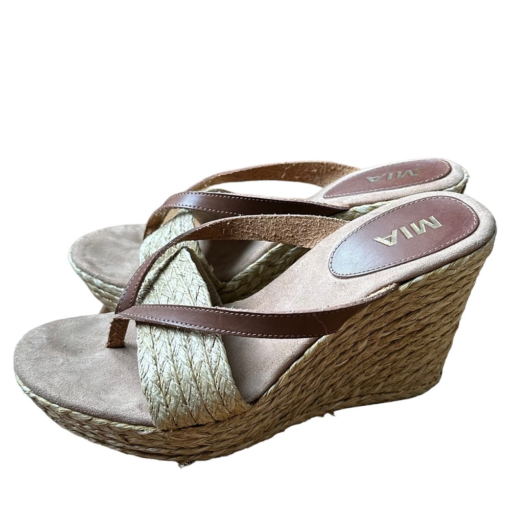 MIA Brown Wedge Leather Upper Sandals with Platform Espadrille Heel Size: 10